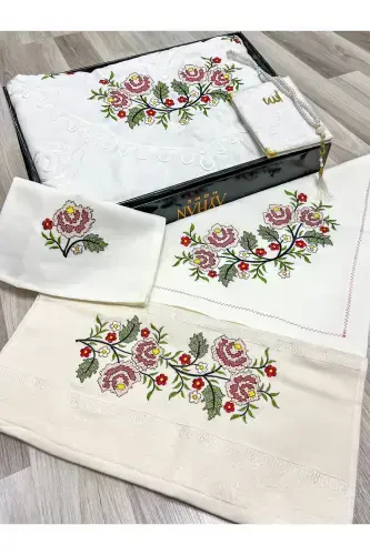 6 Pieces Etamin Embroidered Boxed Prayer Rug Set Dowry Trousseau Bride Groom Prayer Rug Set-Cream - 1