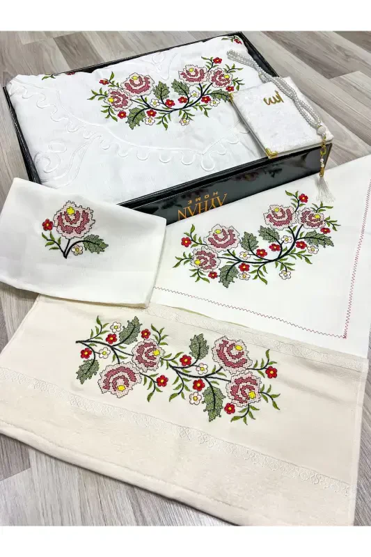 6 Pieces Etamin Embroidered Boxed Prayer Rug Set Dowry Trousseau Bride Groom Prayer Rug Set-Cream - 1