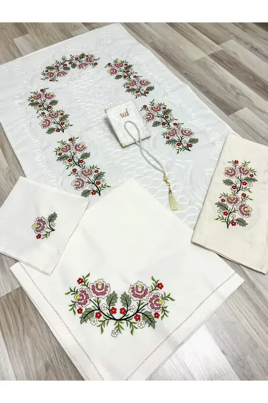 6 Pieces Etamin Embroidered Boxed Prayer Rug Set Dowry Trousseau Bride Groom Prayer Rug Set-Cream - 2