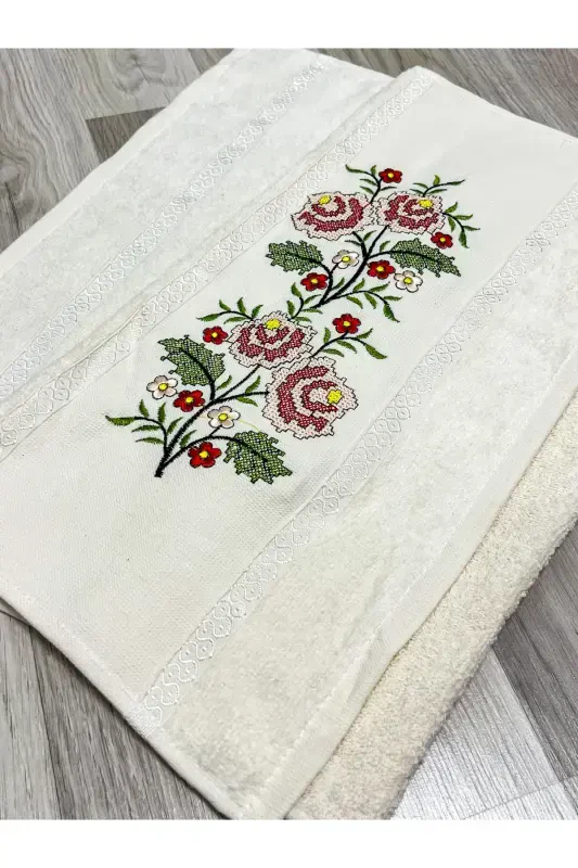 6 Pieces Etamin Embroidered Boxed Prayer Rug Set Dowry Trousseau Bride Groom Prayer Rug Set-Cream - 3