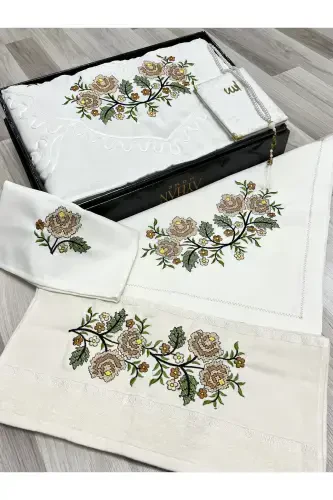 6 Pieces Etamin Embroidered Boxed Prayer Rug Set Dowry Trunk Bride Groom Prayer Rug Set-Cream - 1