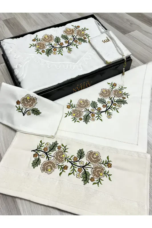 6 Pieces Etamin Embroidered Boxed Prayer Rug Set Dowry Trunk Bride Groom Prayer Rug Set-Cream - 1