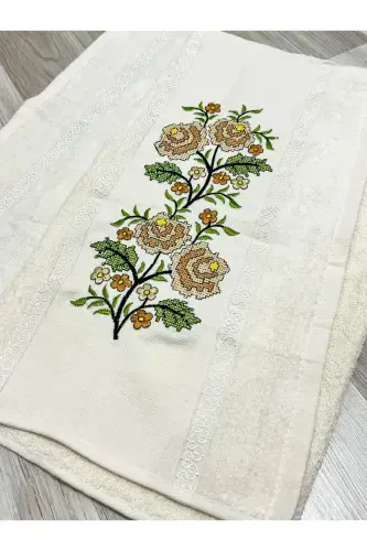 6 Pieces Etamin Embroidered Boxed Prayer Rug Set Dowry Trunk Bride Groom Prayer Rug Set-Cream - 4