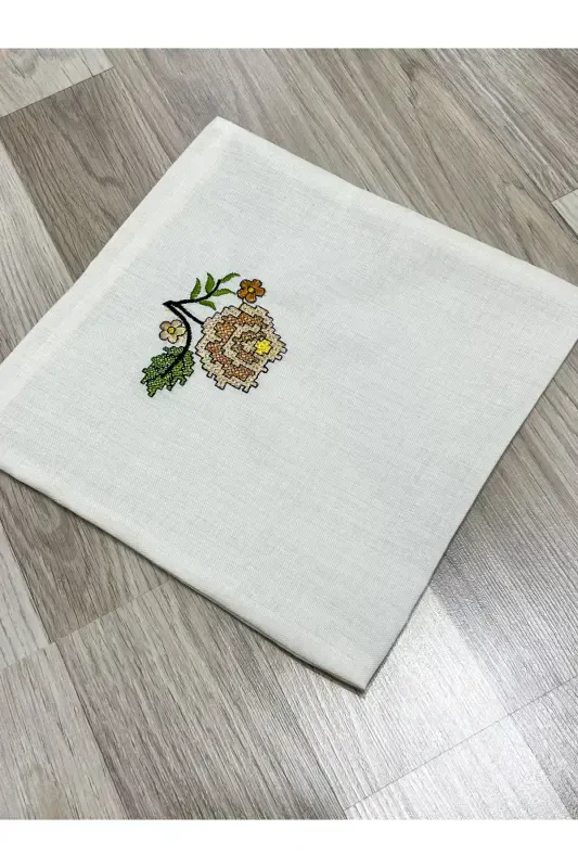 6 Pieces Etamin Embroidered Boxed Prayer Rug Set Dowry Trunk Bride Groom Prayer Rug Set-Cream - 5