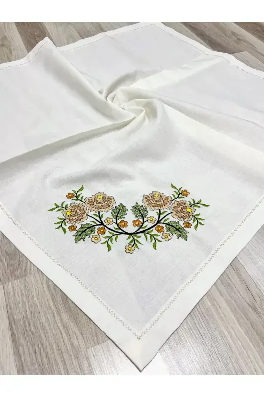 6 Pieces Etamin Embroidered Boxed Prayer Rug Set Dowry Trunk Bride Groom Prayer Rug Set-Cream - 6