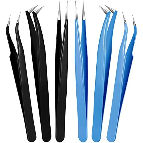 6 Pieces Eyelash Extension Tweezers Lash Tweezers Set Stainless Steel Straight and Curved Tip Tweezers Precision Eyebrow Tweezers Nippers for Eyebrow Hair (Black, Blue) - Honoson