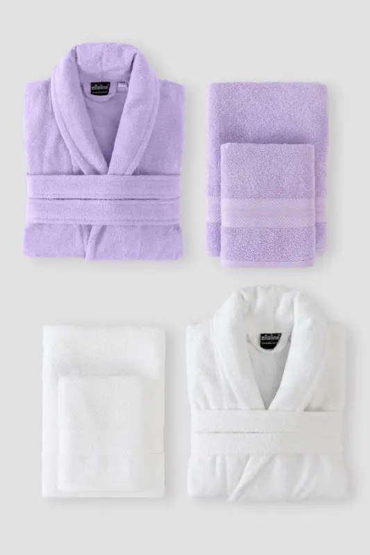 6 Pieces Family Bathrobe Set 100% Cotton Certified, Family Bathrobe Set | Bridal | Lilac - White - Lilac - White - 2