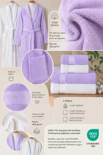 6 Pieces Family Bathrobe Set 100% Cotton Certified, Family Bathrobe Set | Bridal | Lilac - White - Lilac - White - 3