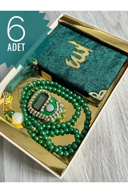 6 Pieces Gift Dowry Boxed Yaseen Book Rosary and Stone Dhikr Counter Set-Green - 1