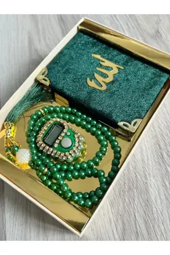 6 Pieces Gift Dowry Boxed Yaseen Book Rosary and Stone Dhikr Counter Set-Green - AYHANHOME (1)