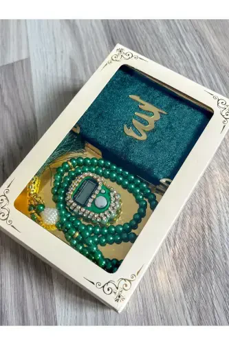 6 Pieces Gift Dowry Boxed Yaseen Book Rosary and Stone Dhikr Counter Set-Green - 3