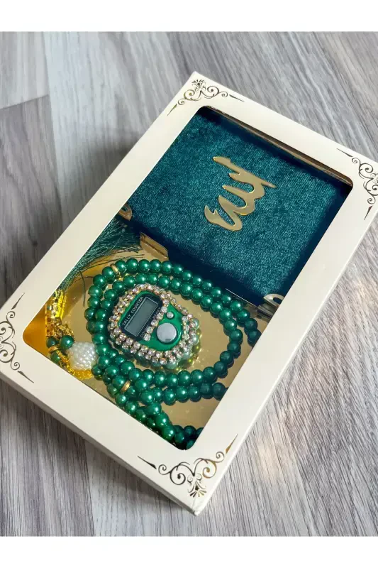 6 Pieces Gift Dowry Boxed Yaseen Book Rosary and Stone Dhikr Counter Set-Green - 3