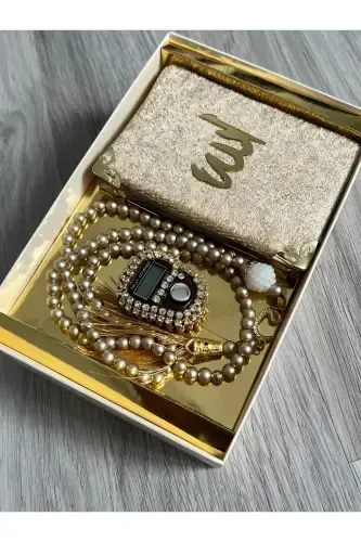 6 Pieces Gift Dowry Boxed Yasin Book Rosary and Stone Dhikrmatic Set-Gold - AYHANHOME (1)