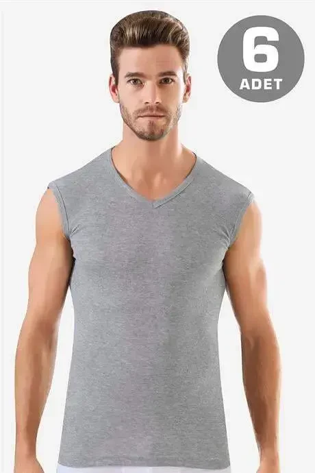 6 Pieces Gray Sleeveless Men's Undershirt V Neck Tank Top 100% Cotton - 1