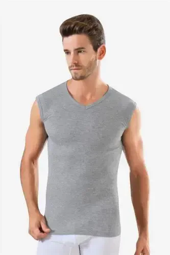 6 Pieces Gray Sleeveless Men's Undershirt V Neck Tank Top 100% Cotton - BÜYÜKBEDENIZ (1)