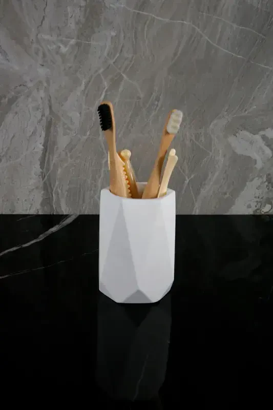 6 Pieces Marble Patterned Concrete Bathroom Set Solid Liquid Soap Dispenser Toothbrush Holder Towel Holder Incense Holder Tray-White - 3