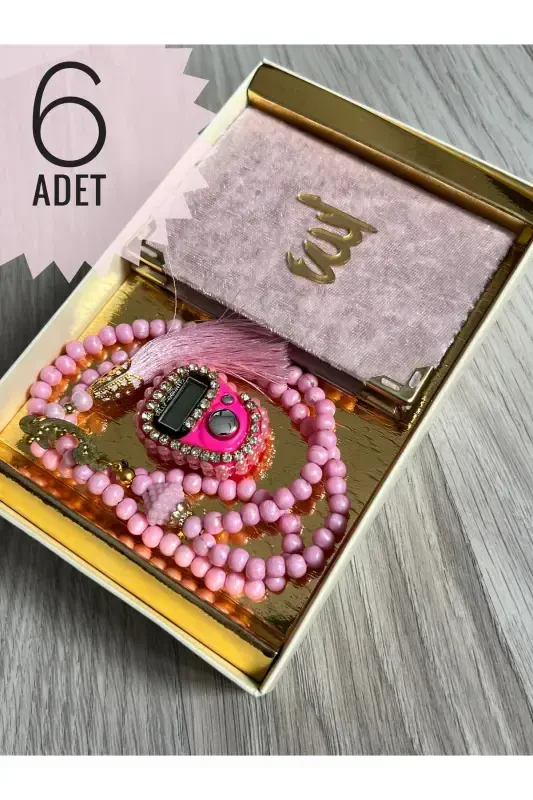 6 Pieces of Yaseen Book Rosary and Stone Zikirmatik Set for Bridal Shower Gift-Powder - AYHANHOME