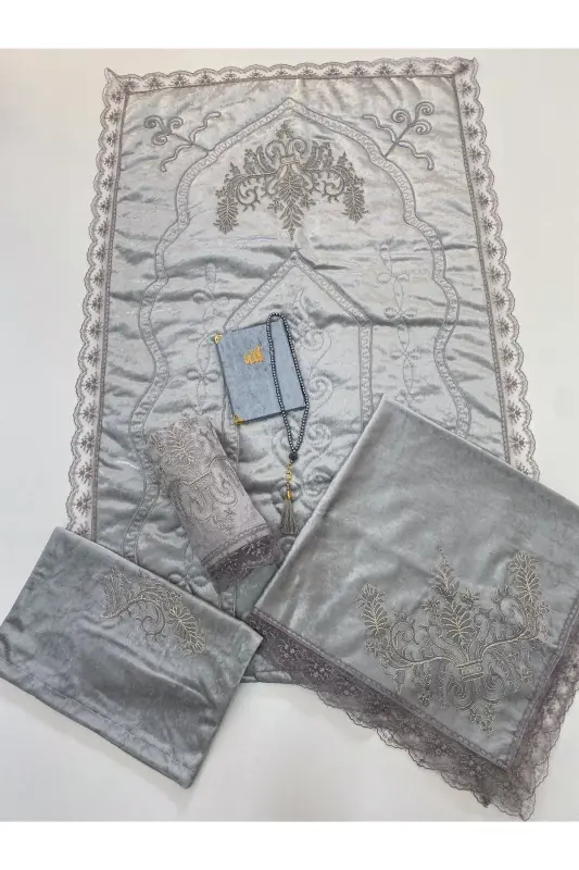 6 Pieces Prayer Rug Set Dowry Bundle Boxed Velvet Guipure Bride Groom Set-GRAY - 2