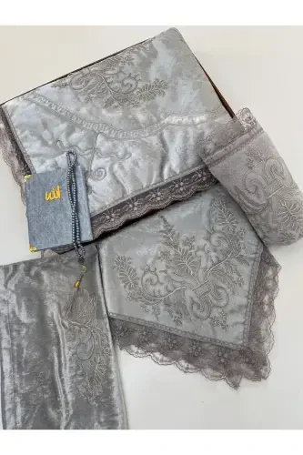 6 Pieces Prayer Rug Set Dowry Bundle Boxed Velvet Guipure Bride Groom Set-GRAY - 1