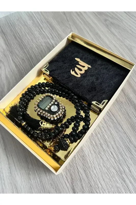 6 Pieces Souvenir Dowry Boxed Yasin Booklet Rosary And Stone Dhikrmatic Set-Black - 2
