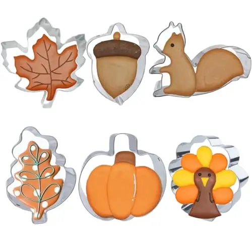 6 Pieces Thanksgiving Cookie Cutters, Fall Themed Holiday Cookie Cutter Shapes of Pumpkin,Maple Leaves,Oak Leaves,Turkey,Squirrel,and Acorn Cookie Cutters with Decorating Instructions - TUZICAKE