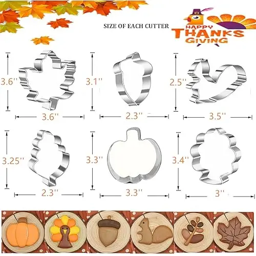 6 Pieces Thanksgiving Cookie Cutters, Fall Themed Holiday Cookie Cutter Shapes of Pumpkin,Maple Leaves,Oak Leaves,Turkey,Squirrel,and Acorn Cookie Cutters with Decorating Instructions - TUZICAKE (1)
