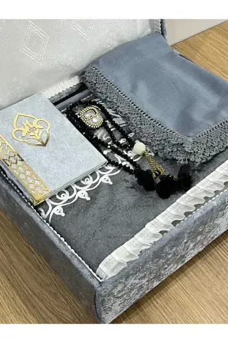 6 Pieces Velvet Prayer Rug Set Dowry Bundle with Box Bride Groom Set-Gray - 1