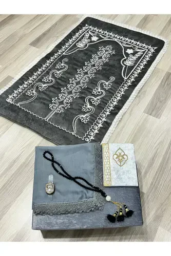 6 Pieces Velvet Prayer Rug Set Dowry Bundle with Box Bride Groom Set-Gray - 2