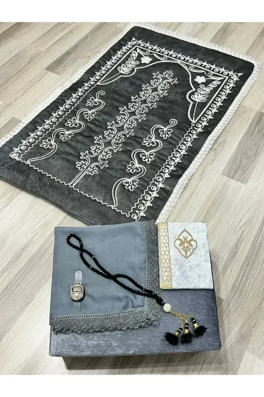 6 Pieces Velvet Prayer Rug Set Dowry Bundle with Box Bride Groom Set-Gray - 2
