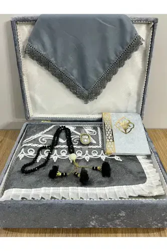 6 Pieces Velvet Prayer Rug Set Dowry Bundle with Box Bride Groom Set-Gray - 3