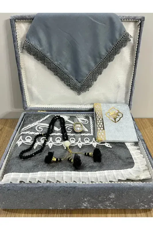 6 Pieces Velvet Prayer Rug Set Dowry Bundle with Box Bride Groom Set-Gray - 3