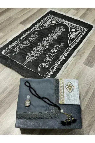 6 Pieces Velvet Prayer Rug Set Dowry Bundle with Box Bride Groom Set-Gray - 4