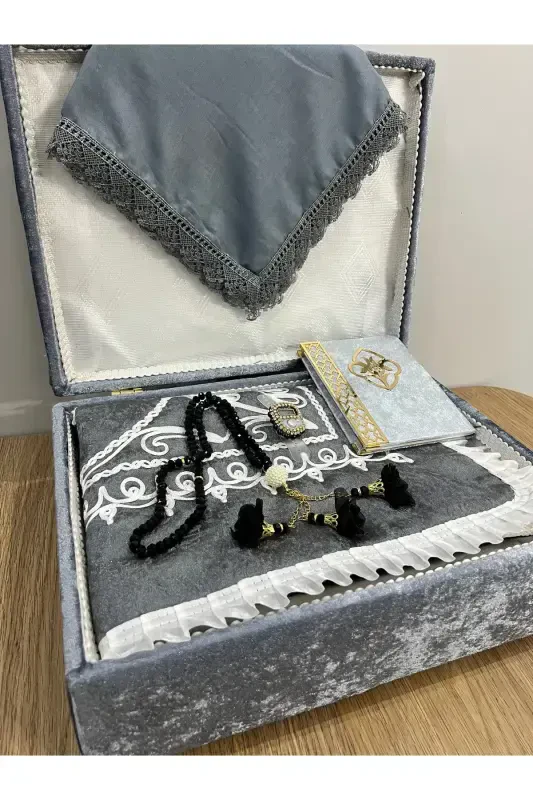 6 Pieces Velvet Prayer Rug Set Dowry Bundle with Box Bride Groom Set-Gray - 5