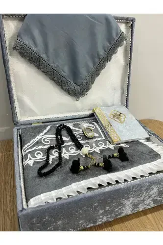 6 Pieces Velvet Prayer Rug Set Dowry Bundle with Box Bride Groom Set-Gray - 7