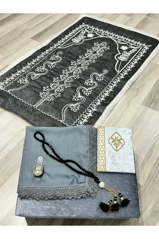 6 Pieces Velvet Prayer Rug Set Dowry Bundle with Box Bride Groom Set-Gray - 8