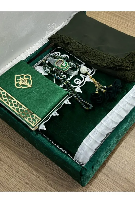 6 Pieces Velvet Prayer Rug Set Dowry Bundle with Box Bride Groom Set-Green - AYHANHOME