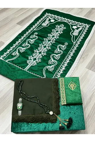 6 Pieces Velvet Prayer Rug Set Dowry Bundle with Box Bride Groom Set-Green - AYHANHOME (1)