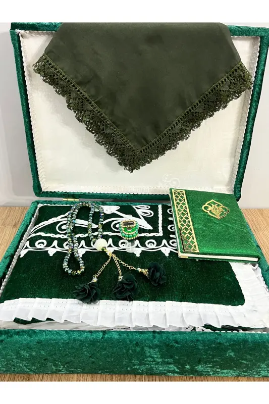 6 Pieces Velvet Prayer Rug Set Dowry Bundle with Box Bride Groom Set-Green - 3