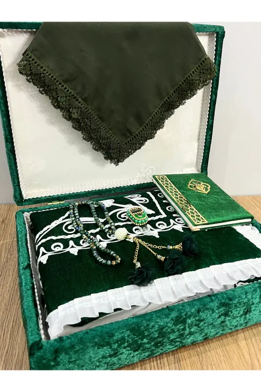 6 Pieces Velvet Prayer Rug Set Dowry Bundle with Box Bride Groom Set-Green - 6
