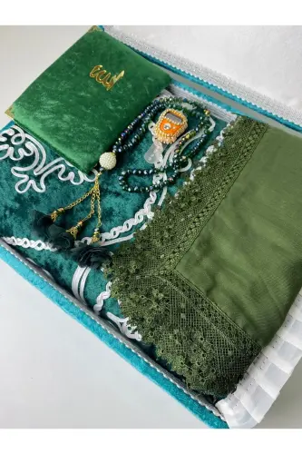6 Pieces Velvet Prayer Rug Set Dowry Bundle with Box Bride Groom Set-Green - 7