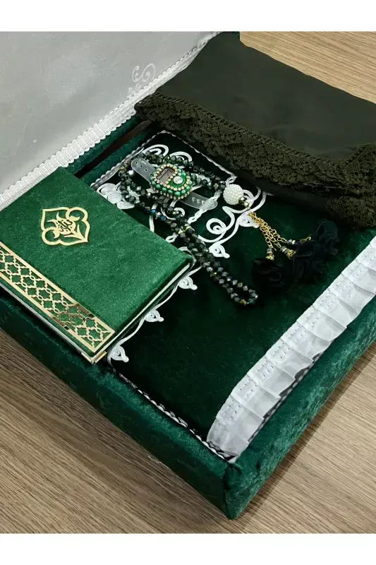 6 Pieces Velvet Prayer Rug Set Dowry Bundle with Box Bride Groom Set-Green - 1