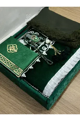 6 Pieces Velvet Prayer Rug Set Dowry Bundle with Box Bride Groom Set-Green - 4