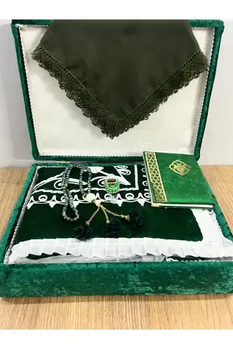 6 Pieces Velvet Prayer Rug Set Dowry Bundle with Box Bride Groom Set-Green - 5
