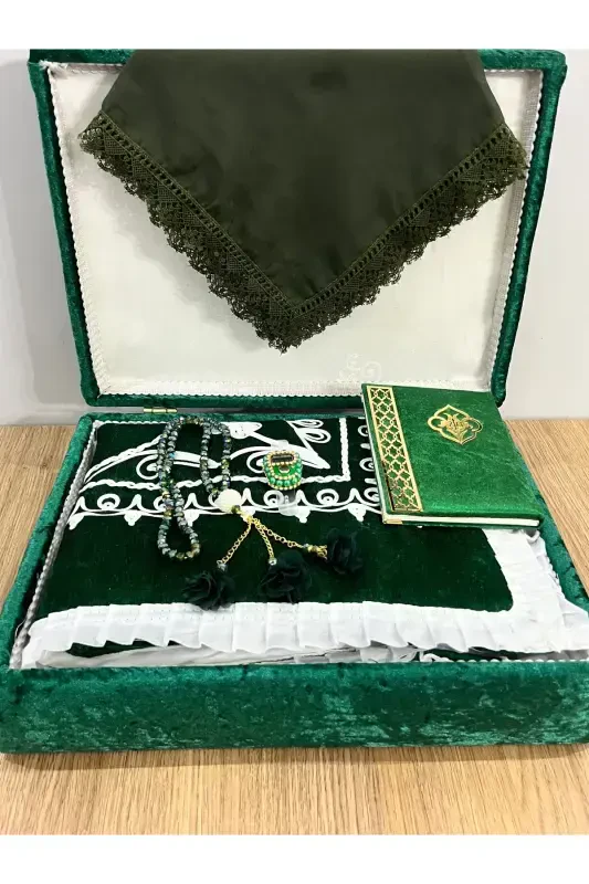 6 Pieces Velvet Prayer Rug Set Dowry Bundle with Box Bride Groom Set-Green - 5