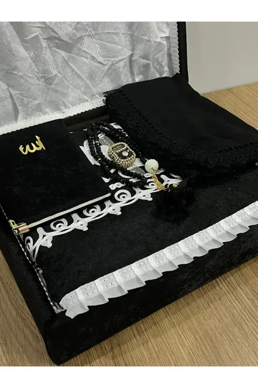 6 Pieces Velvet Prayer Rug Set Dowry Trunked Bridal Groom Set-BLACK - AYHANHOME