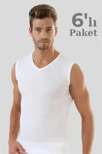 6 Pieces White Sleeveless Men's Athletic V Neck Tank Top 100% Cotton - 1