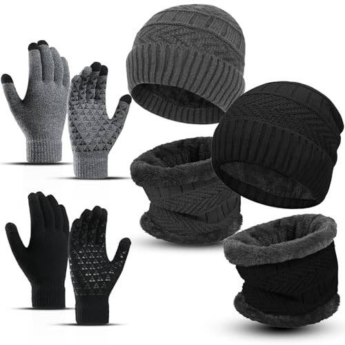 6 Pieces Winter Beanie Hat Scarf Gloves Set for Men Women, Knit Skull Cap Winter Hat Touchscreen Gloves Neck Warmer Set - 1