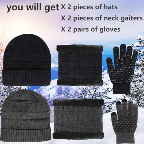 6 Pieces Winter Beanie Hat Scarf Gloves Set for Men Women, Knit Skull Cap Winter Hat Touchscreen Gloves Neck Warmer Set - 2