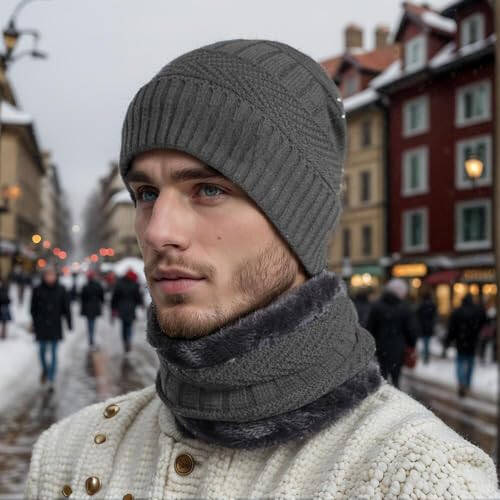 6 Pieces Winter Beanie Hat Scarf Gloves Set for Men Women, Knit Skull Cap Winter Hat Touchscreen Gloves Neck Warmer Set - 3