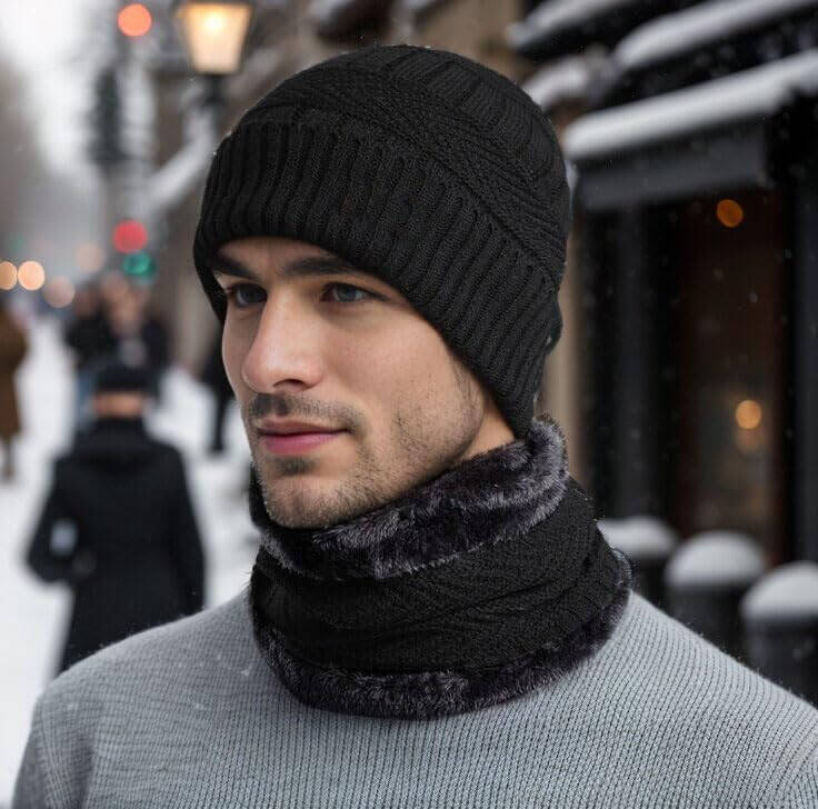 6 Pieces Winter Beanie Hat Scarf Gloves Set for Men Women, Knit Skull Cap Winter Hat Touchscreen Gloves Neck Warmer Set - 4